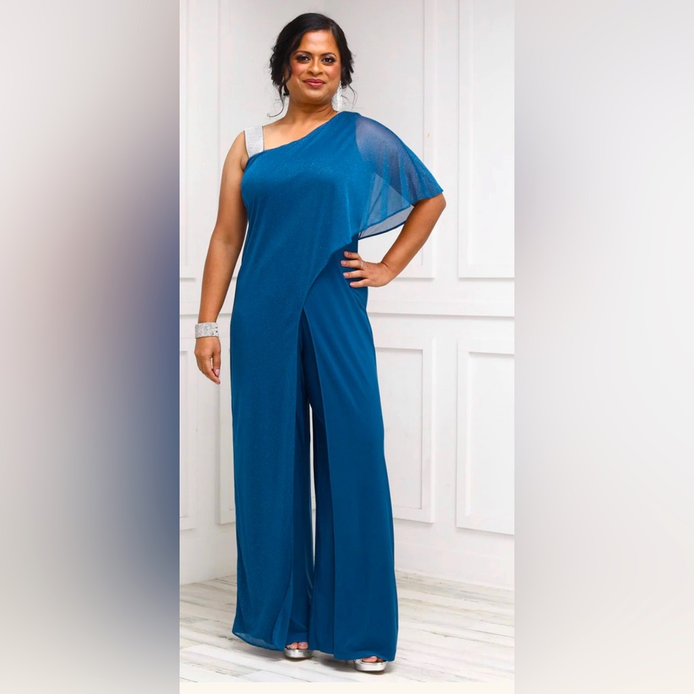 NWT - R&M Richards Women's Glitter Overlay Draped Shoulder Formal Jumpsuit SZ 14